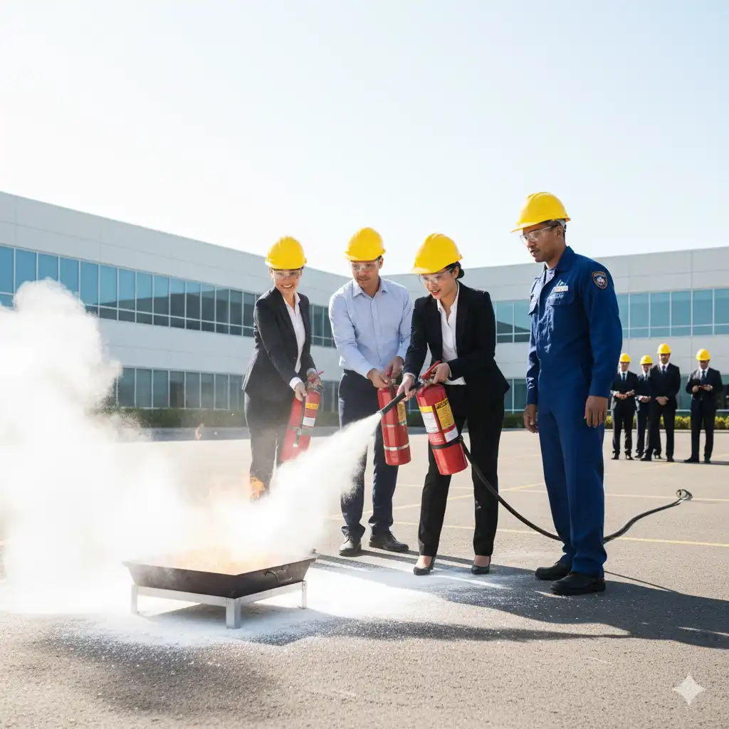 Pelatihan penggunaan fire extinguisher untuk karyawan dalam pencegahan kebakaran
