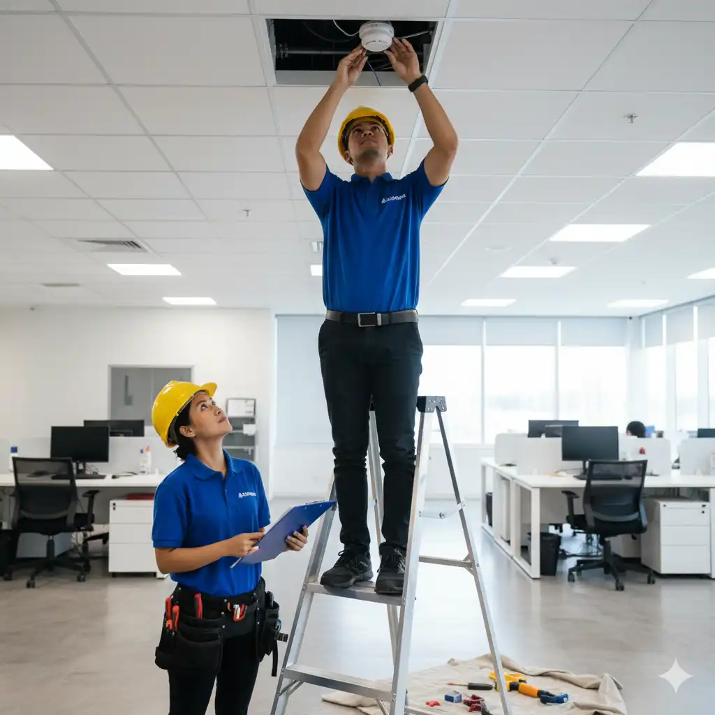 Pemasangan smoke detector oleh teknisi Adiwarna Anugerah Abadi sebagai Jasa Instalasi Fire Alarm