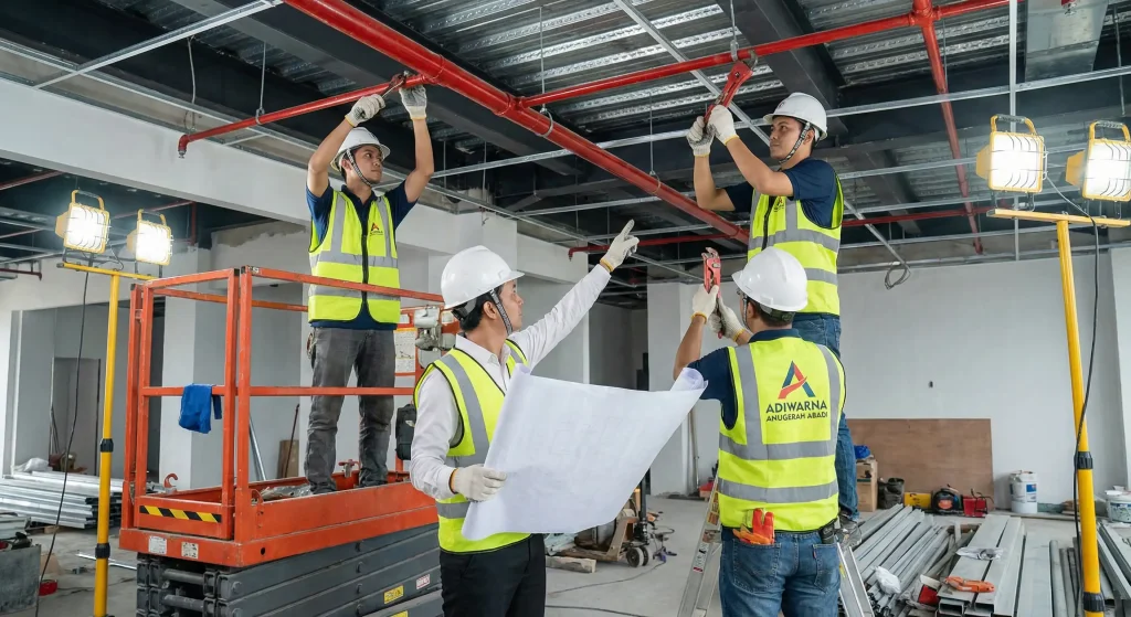 Tim Adiwarna memasang sistem hydrant dan sprinkler untuk proteksi kebakaran gedung.