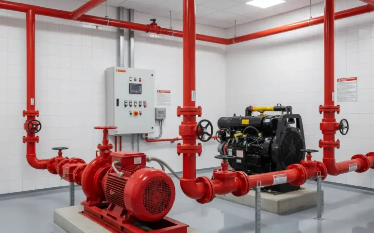 Instalasi fire pumps dalam ruang pompa hydrant gedung komersial