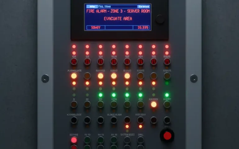 Panel kontrol fire alarm system dengan indikator zona aktif di gedung perkantoran.