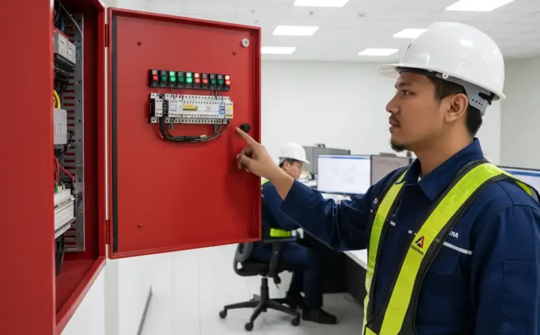 Pemeriksaan panel kontrol sistem fire alarm oleh teknisi profesional Adiwarna.