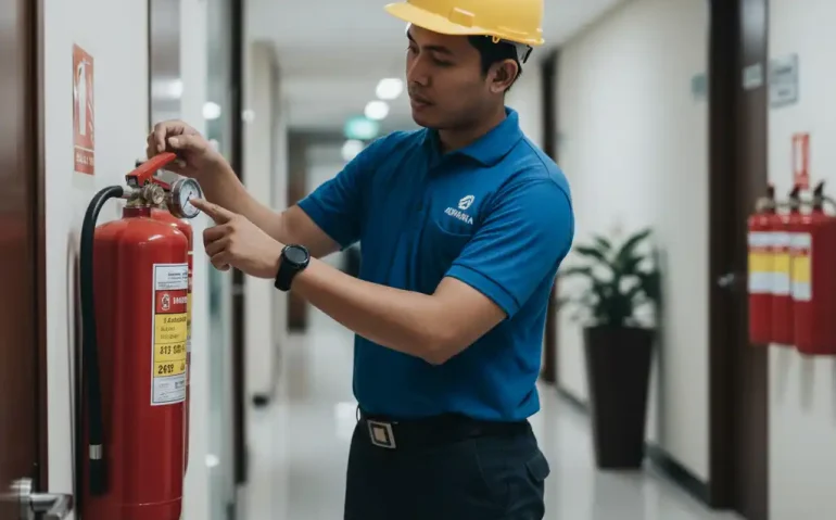 Teknisi Adiwarna Anugerah Abadi memeriksa kondisi fire extinguisher di kantor