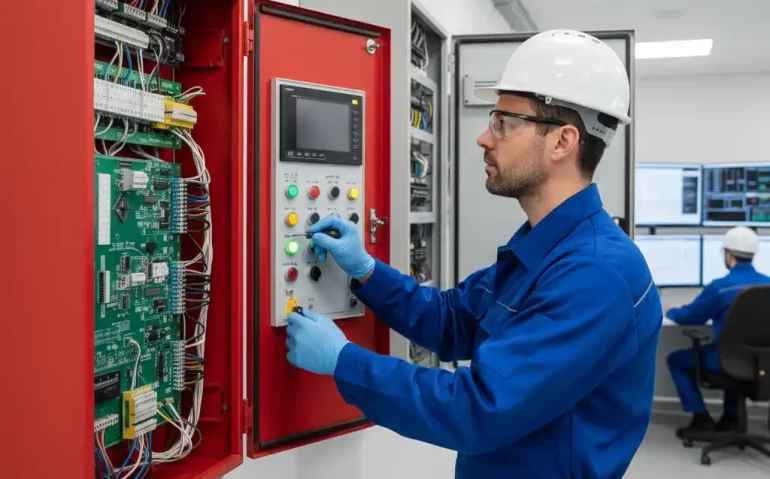 Teknisi melakukan setup panel kontrol sistem fire alarm di ruang kontrol gedung