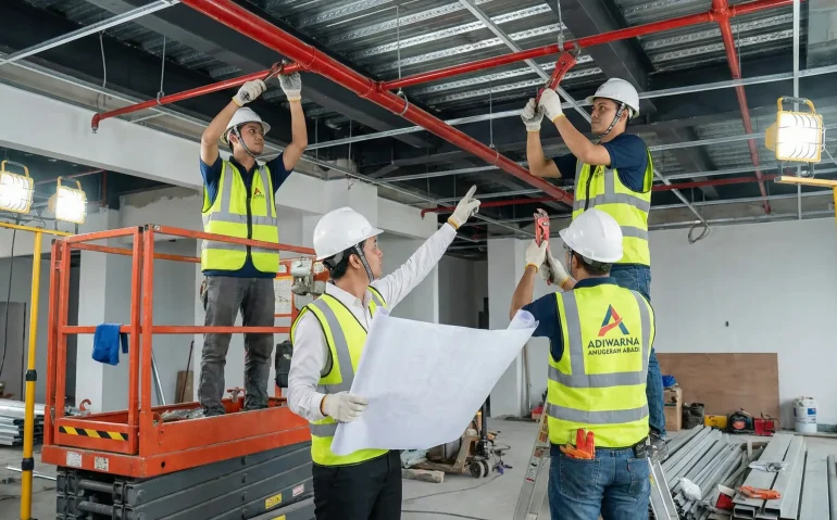 Tim Adiwarna memasang sistem hydrant dan sprinkler untuk proteksi kebakaran gedung.